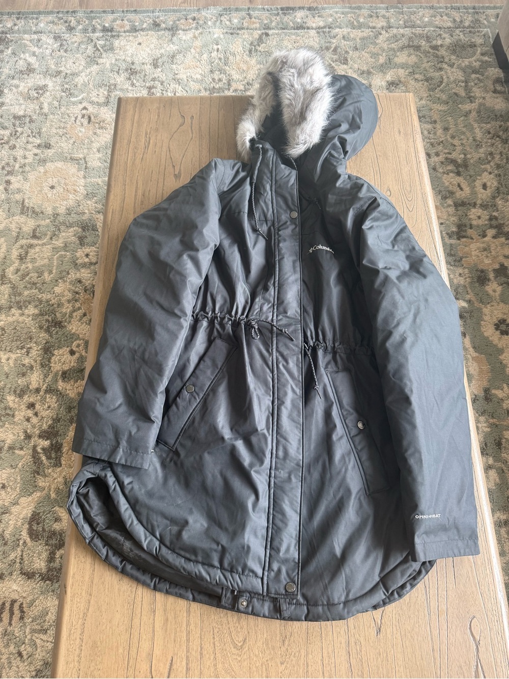 Columbia Charcoal Hooded Puffer Coat with Faux Fur Trim